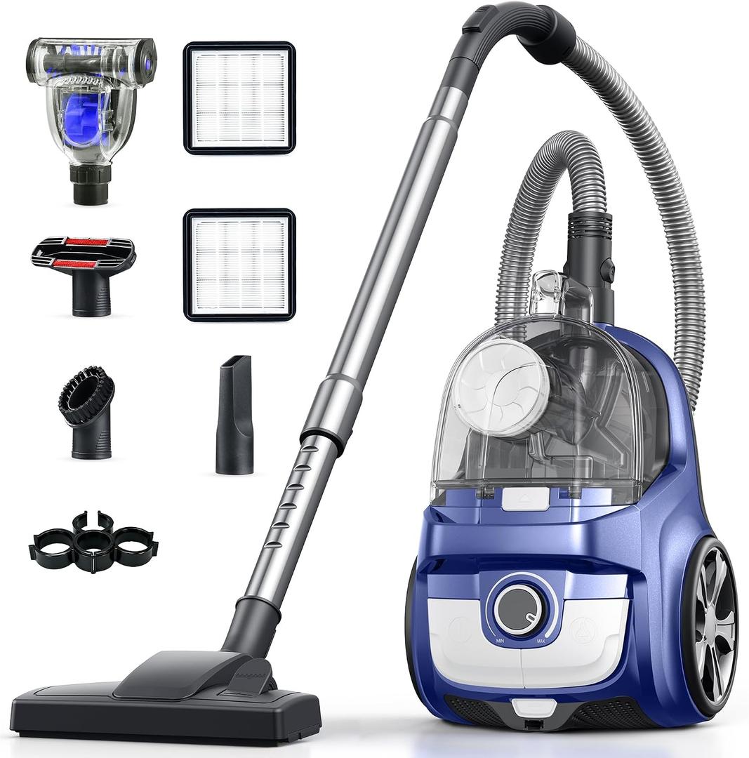 Canister Vacuum, Upgraded 1600W Bagless Canister Vacuum Cleaner, Auto Cord Rewind, H13 HEPA Filter, 4Qt Large Capacity, 5 Tools for Hard Floors, Carpet, Pet, Upholstery, Tiles, Dark Blue