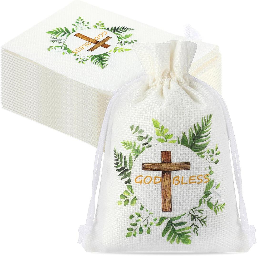60 Pcs Baptism Candy Bags 4 x 6 Inch Small Christening Candy Bag with Drawstring First Communion Goodies Pouches Christening Party Favor Cross Jewelry Pouches for Women Bridal Shower Church