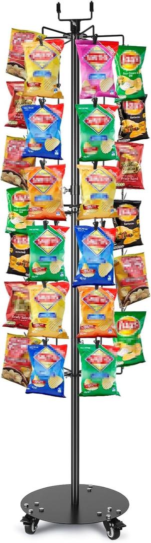BBTO 61'' H Potato Chip Rack Display Stand Chip Strip Rack Potato Chips Display with 72 Clips for Store Supplies Candy Merchandise Stand Snack Black
