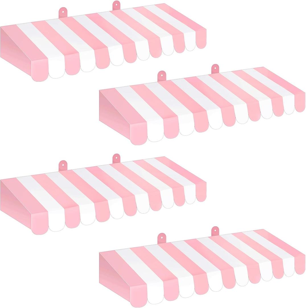 Boao 4 Pack Pink Circus Awning Decoration 3D Pink And White Stripe Cardboard Awning Candyland Christmas Wall Decor Sweet Christmas Party Favors for Lemonade Stand Ice Cream Truck Bulletin Board