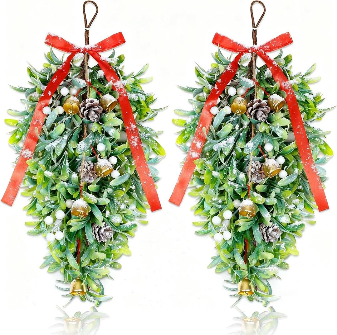 22" Inch Mistletoe Christmas Decor Hanging 2 PCS Xmas Holiday Kissing Artificial Hanging Christmas Teardrop Swag with Bow White Berries Pine Needles for Home Wall Window Festival Wedding Decor