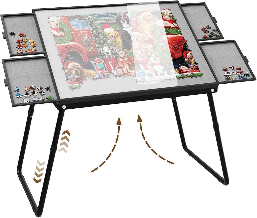 Doerpuz Jigsaw Puzzle Table Adjustable Height-18,28inch,3 in 1 Design Puzzle Tables with Legs,35"26" Foldable Puzzle Table with Drawers for Adluts and Kids,Felt,and Cover