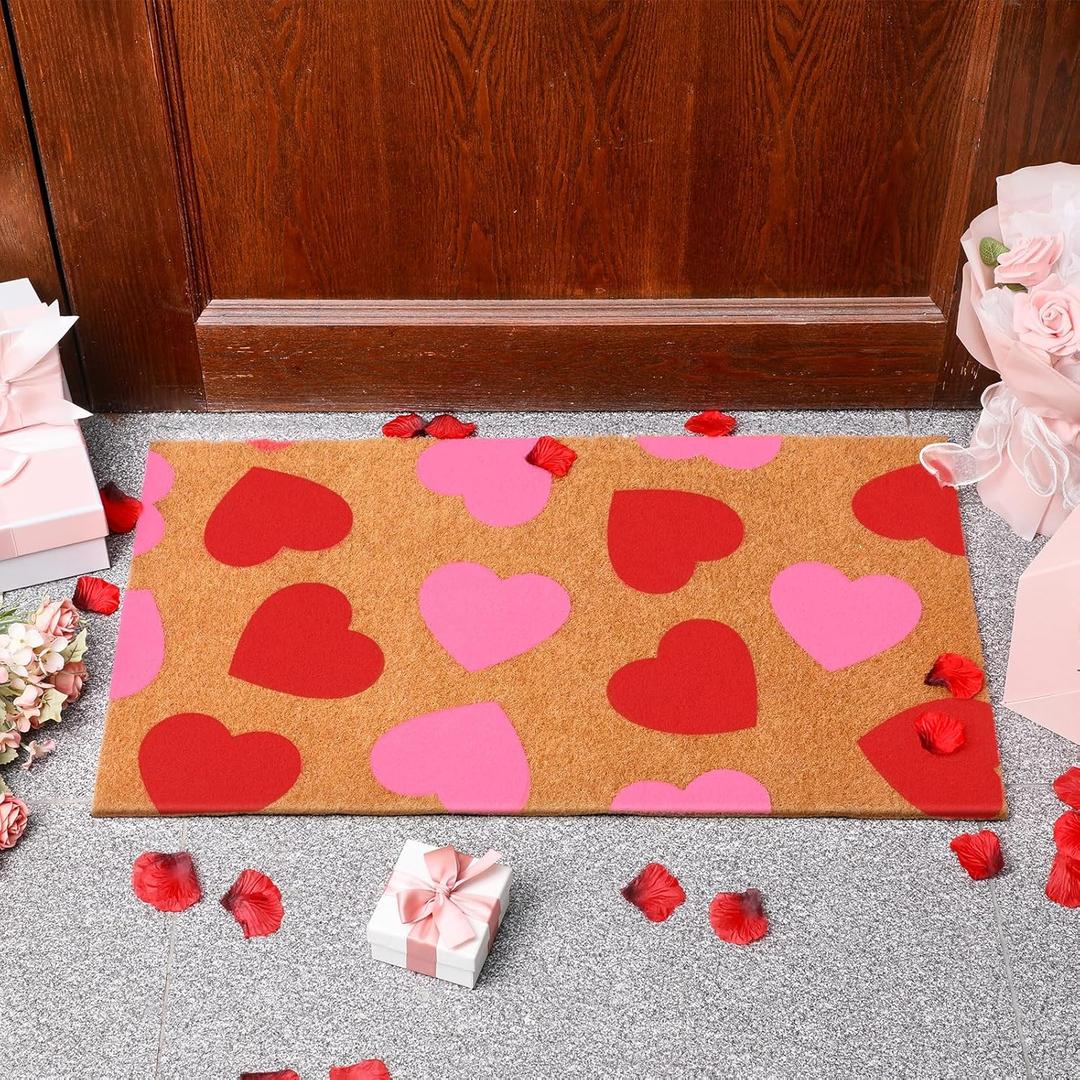 Tinideya Valentine's Day Door Mat Coir Doormat Valentine's Day Rug Front Mat Red Pink Heart Rectangle Entrance Door Rug for Indoor with Non-Slip Bottom Lining for Family Anniversary 16 x 28 Inches