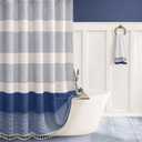 Navy Blue Shower Curtains for Bathroom Boho Linen Texture Striped Shower Curtain with Tassel 72 X 72 Natural