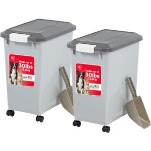 IRIS USA Dog Food Storage Container with Wheels, Airtight Lid, 2-Cup Scoop, Up to 30 Pounds Pet Food Storage, Built in Scoop Storage in Lid, Pet Food Bin, Portable, BPA Free, 2 Pack, Gray/Dark Gray