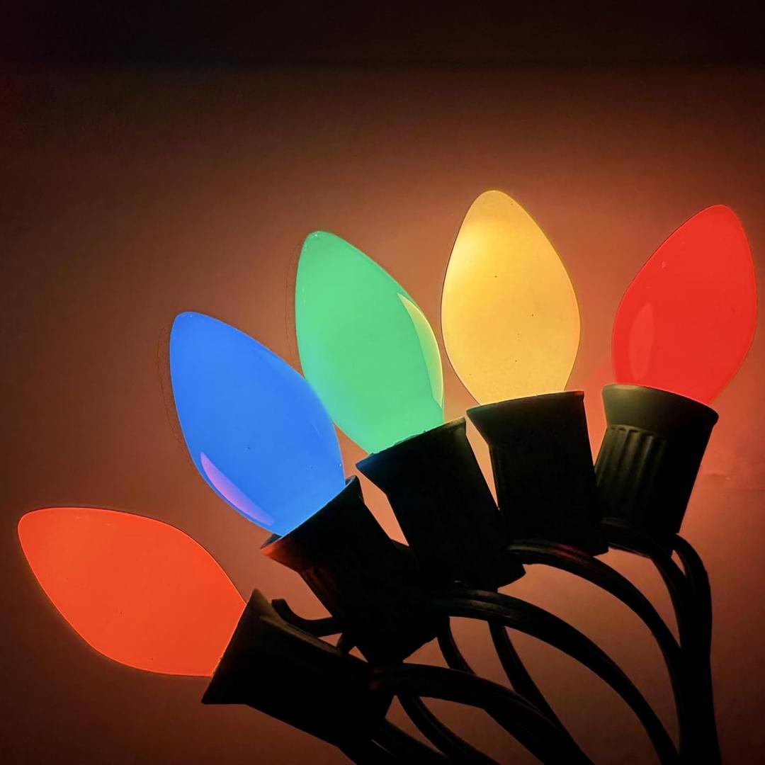 C7 LED Multicolor Christmas Lights, 26Ft Vintage Outdoor Christmas String Lights with 27 Colorful Ceramic LED Bulbs, Connectable Hanging Lights for Holiday Party Backyard Roofline House Xmas Decor