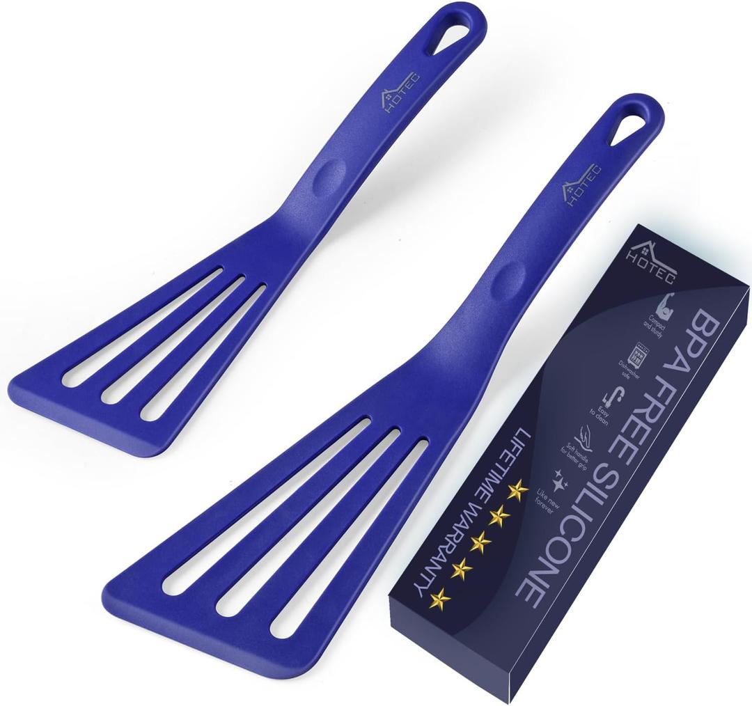 HOTEC 600 Heat Resistant Silicone Slotted Fish Turner Spatula Set, BPA Free Kitchen Cooking Spatulas, for Non Stick Cookware Dishwasher Safe Classic Blue, set of 2