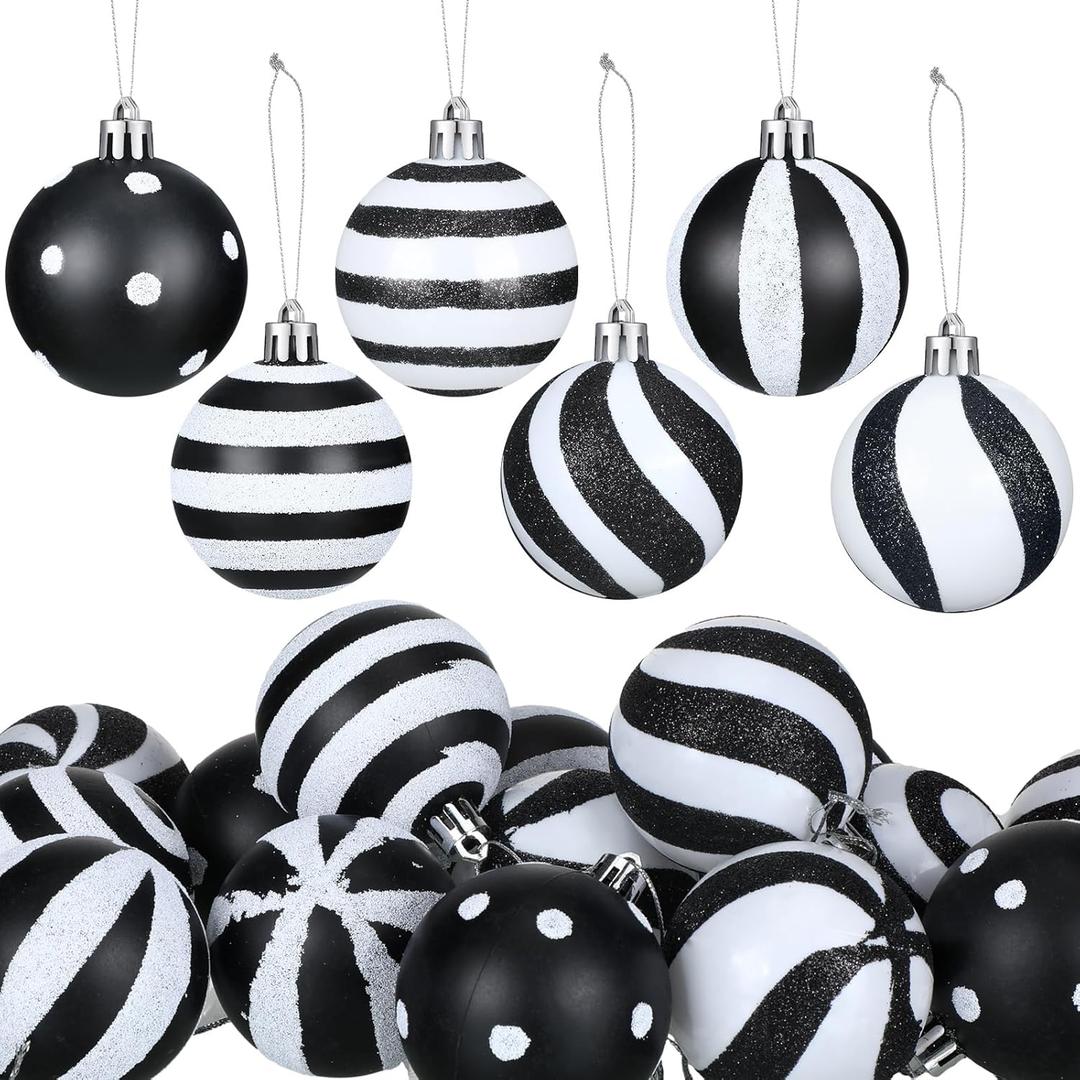 Riceshoot 24 Pcs Christmas Black and White Ball Ornaments Xmas Plastic Stripe Dot Hanging Ball for Christmas Tree Party Decoration Supplies(2.36 Inch) (Classic Style)