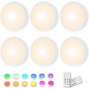 HELPLEX LED Puck Lights with Remote, 6 Pack Color Changing RGBW Stick-On Light, Battery Powered, Dimmable Under Cabinet Lighting with Timer & Memory, Wireless Push Lights for Kitchen & Closet