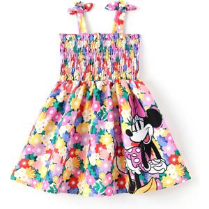 Disney Princess Frozen Elsa Minnie Mouse Toddler Girl Dress Bow Strap Smocked Summer Outfit Birthday Party Clothes 2-6 Years (4-5T)