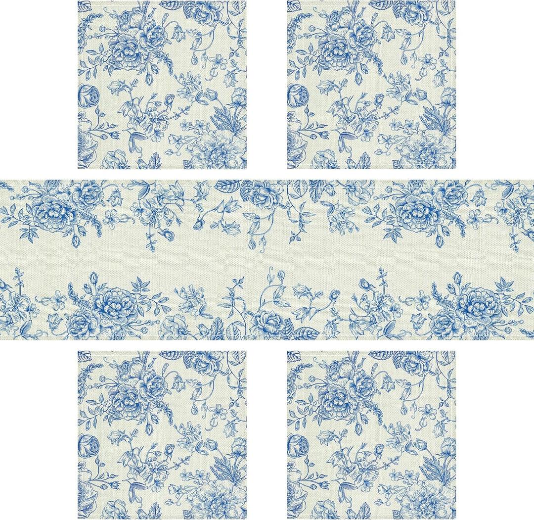 5PCS Blue and White Table Runner & Placemats,Blue Chinoiserie Floral Table Runner 13''x72 with 4 Matching Placemats Machine Washable for Home Party Dining Table Decor Set