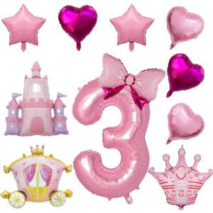10 Pcs Princess Balloons for Birthday Party, 40 Inch Large Pink Number 3 and Crown Foil Balloons with Castle Carriage Balloon for 3rd Girl Princess Royal Birthday Party