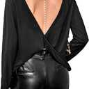 Women's Beaded Twist Open Back Backless T Shirts Boat Neck Long Sleeve Ribbed Knit Tee Tops (Black, Small)