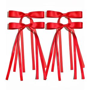 Ayesha Red Hair Bows Clips Coquette Ribbon Bowknot with Long Tail Princess Hair Bows French Barrettes Hair Accessories for Women Girls 4pcs (Red)