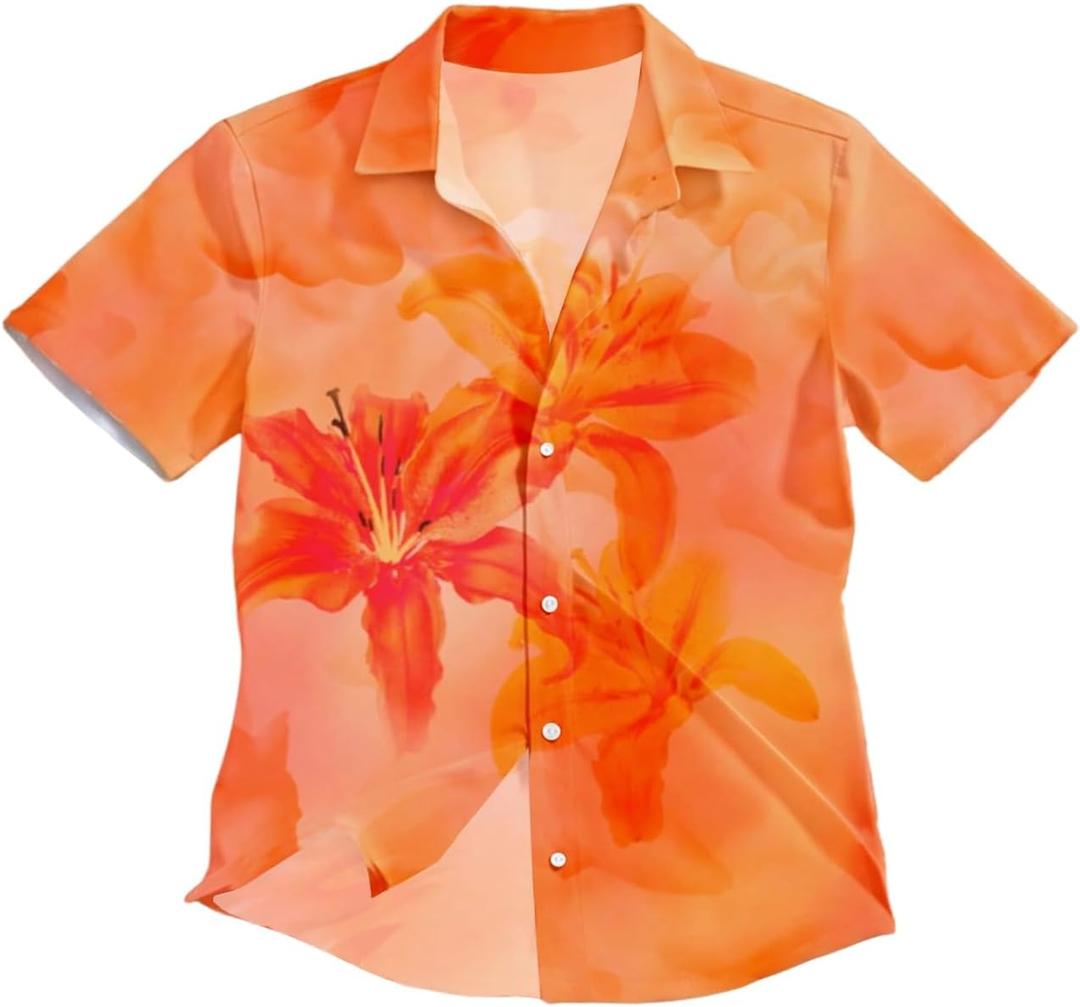 Men's Floral Button Down Shirts Short Sleeve Collar Summer Beach Vacation Cruise Shirt (L)