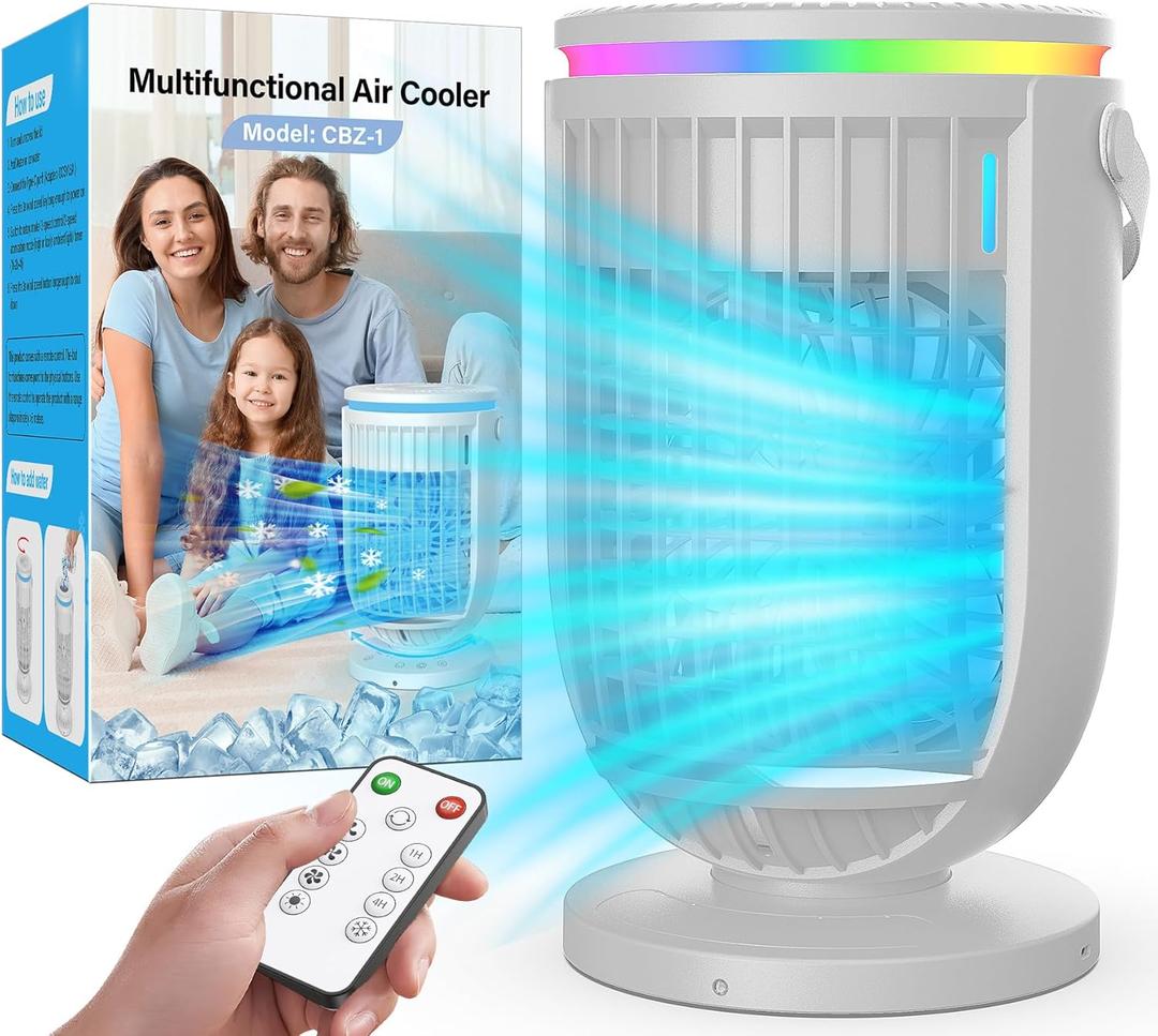 Portable Air Conditioners Fan,Portable AC Unit With 1200ML Water Tank,4-IN-1 Evaporative Air Cooler with Remote Control 7 Color Light Personal Mini Air Conditioner Portable for Room Car