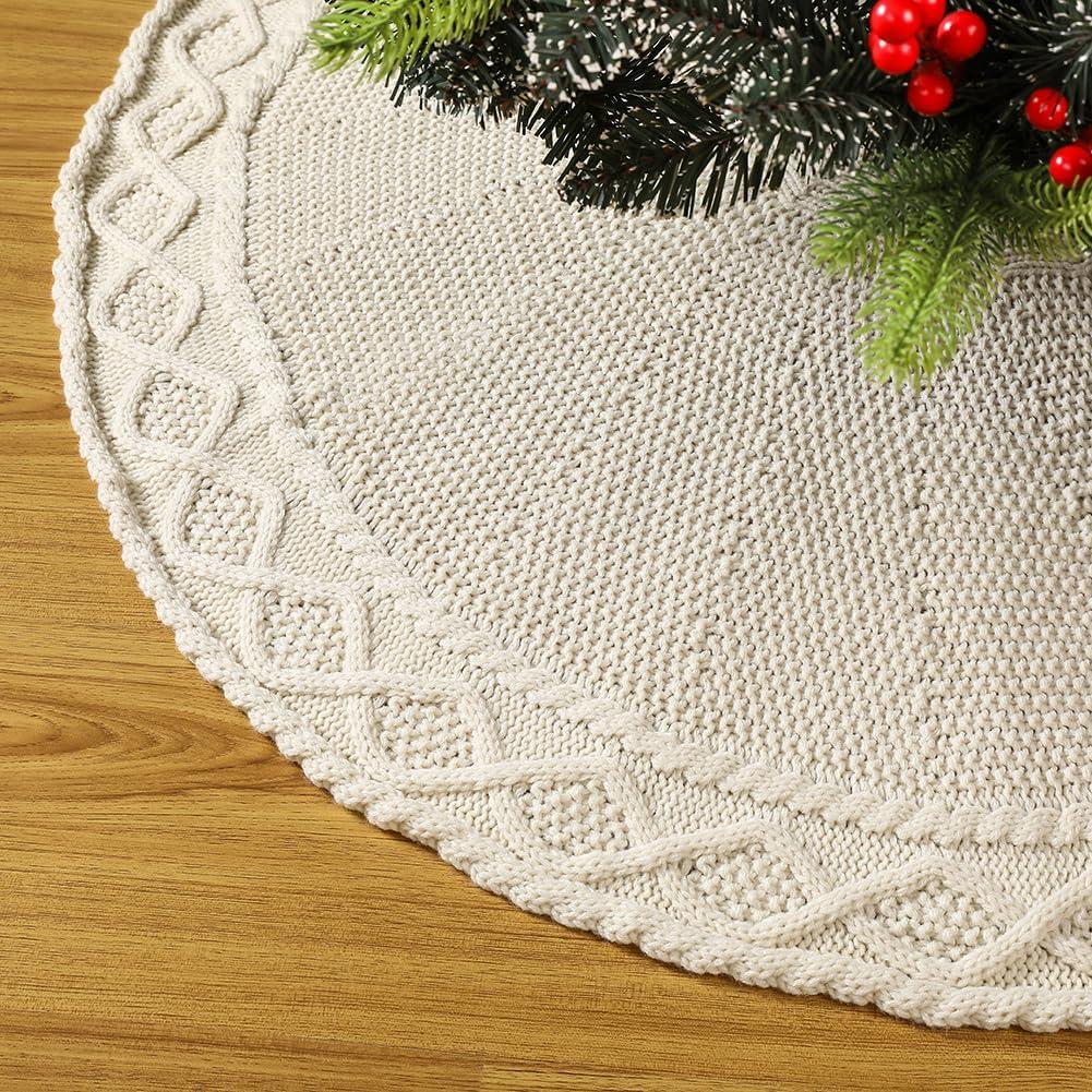 Sattiyrch Knit Christmas Tree Skirt  Classic Cable Knit Tree Base Wrap with Tie Closure  Cozy Holiday Dcor for 7.59 ft Christmas Tree (White,48in)