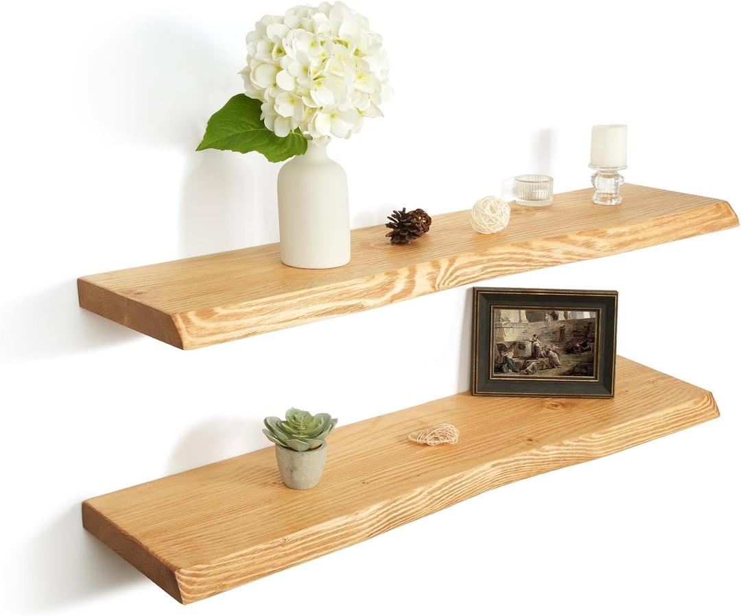 36 Inch Wooden Floating Shelves for Wall Set of 2, Finnish Spruce Solid Wood Shelf, Natural Wood Floating Shelves for Living Room, Bathroom, Bedroom, Kitchen, Natural Finish, Live Edge, 36"L, 2Packs