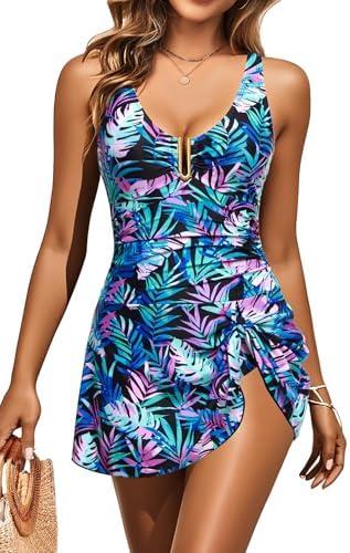 Women's One Piece Swimdress- Tummy Control Swimsuits with Skirt V Neck U Ring Bathing Suit Tie Knot Swimwear L