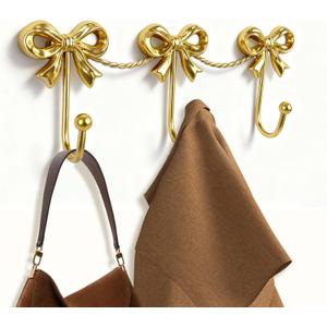 Gold Bow Decor for Girls Room Decor - 3-Link Mental Gold Bow Hooks for Wall, Golds Bows Hangers for Coats, Bags, Bath Towels, Bathroom, Loveshackfancy Decor, Girl Nursery ,Coquette Room, 14.1*4.5