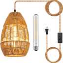 Plug in Pendant Light Rattan Hanging Lights with Plug in Cord 15FT Hemp Rope Cord, On/Off Switch Chandelier for Boho Living Room Bedroom KitchenBulb Included 11 x 7 inch