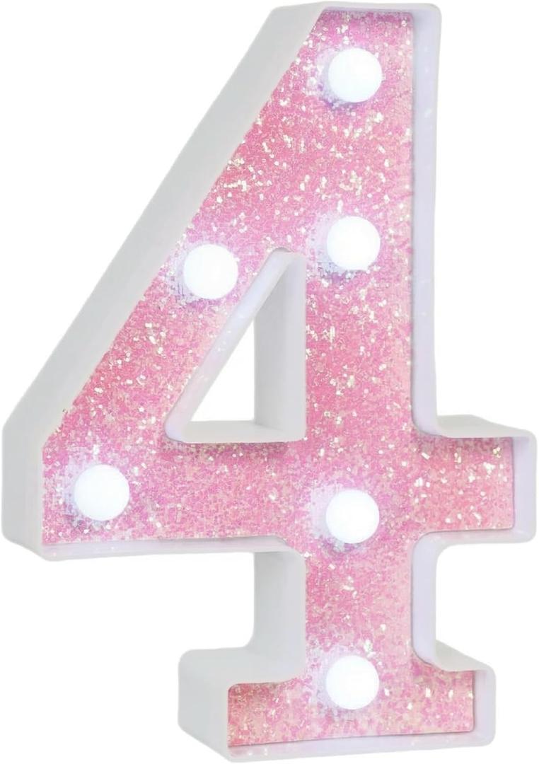 Pink Glitter Marquee Light Up Numbers, LED Number Lights Battery Operated for Girls 4th 14th Pink Birthday Party Table Decorations, Wall Decor for Girls Bedroom, Number 4 Sign Cool White Lights