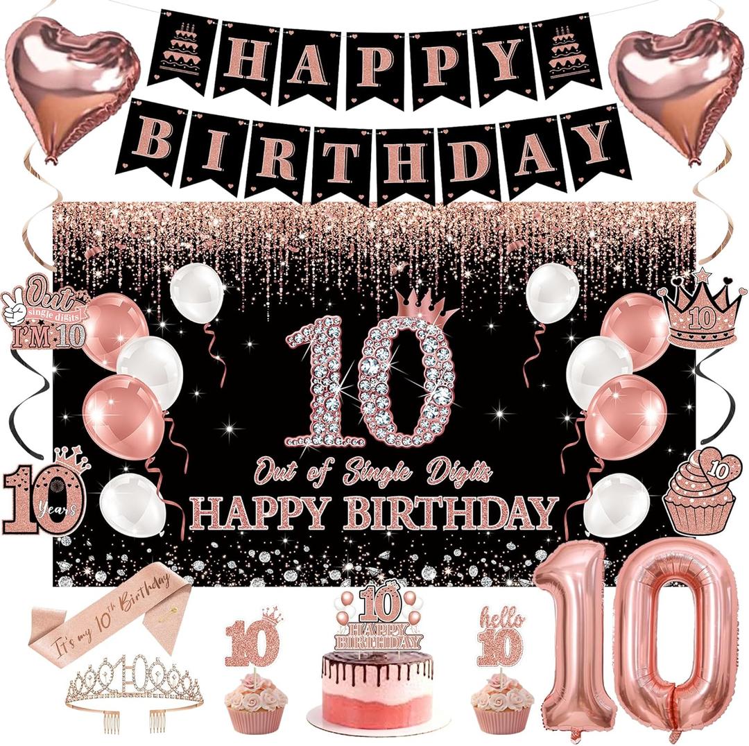 Holkcog 10th Birthday Decorations for Girls, Black Pink Out Single Digits I'M 10 Party Banner Background, Rose Gold 10 Cake Top, Number 10 Balloon Crown Sash for Girls Double Digits Party Supplies