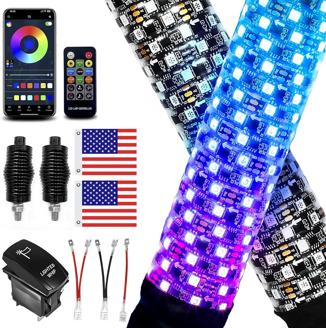 2 Pack 2FT Fat Whip Lights, LED Whip Lights with App & Remote Control, Spiral RGB Chasing Lighted Antenna Whips with Rocker Switch, Music Whip Light for SXS UTV ATV RZRCan-Am X3 Off-Road
