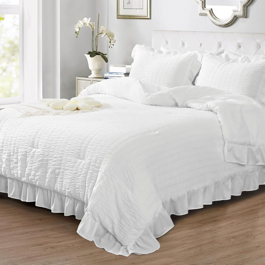 JOLLYVOGUE King Comforter Set, 3 Pieces White Seersucker Comforters King Size, Lightweight & Fluffy Bedding Sets King for All Season with 1 Ruffle Comforter and 2 Ruffle Pillowshams