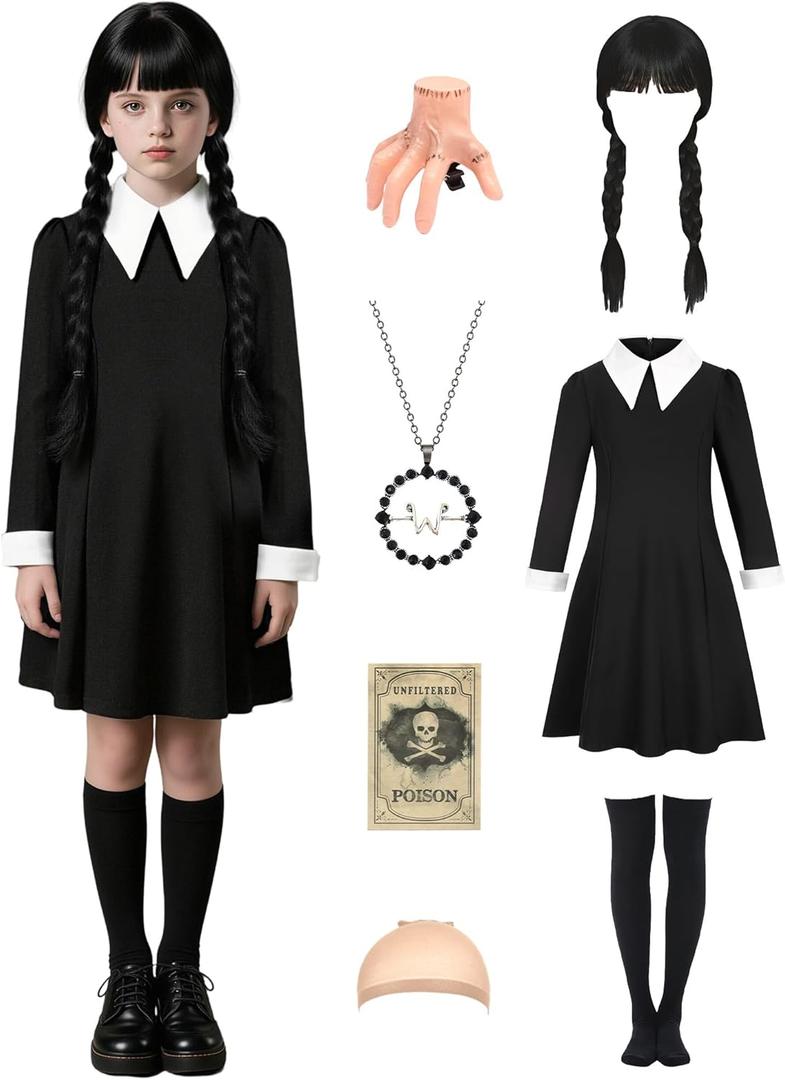 Kids Black Dress Costume for 3-14 Years Girls with Wig Necklace Hairpin for Halloween Costume Dress Up (150 (11-12 Years))