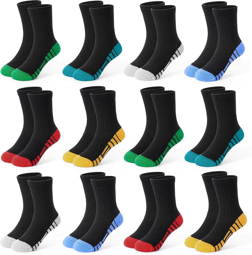 GENTABY 12 Pairs Boys Crew Socks Athletic Cotton Kids Socks Running Crew White Black Soft Sock for Toddler Boys 10-14 Years