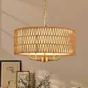 Boho Hand-Woven Rattan Chandelier with Linen Vintage Farmhouse Bamboo Gold Drum Chandelier Light Fixture Modern Wicker Rattan Golden Chandeliers for Dining Room, Kitchen, Living Room, E12