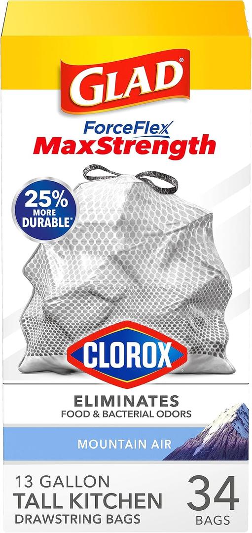 Glad ForceFlex MaxStrength with Clorox Tall Kitchen Trash Bags, 13 Gal, 34 Ct (Package May Vary)