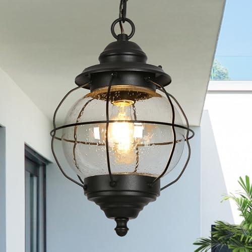 Outdoor Pendant Light Fixture, Farmhouse Globe Exterior Hanging Lights with Adjustable Chain, Black Ceiling Outdoor Lantern Light with Seeded Glass for Front Door, Entry, Porch, and Gazebo