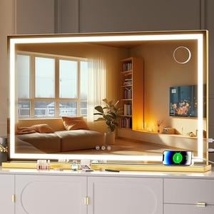Hasipu Vanity Mirror with Lights, 32" x 20" LED Makeup Mirror, Lighted Makeup Mirror with Dimmable 3 Modes, Touch Screen Control Vanity Mirror Square, Gold