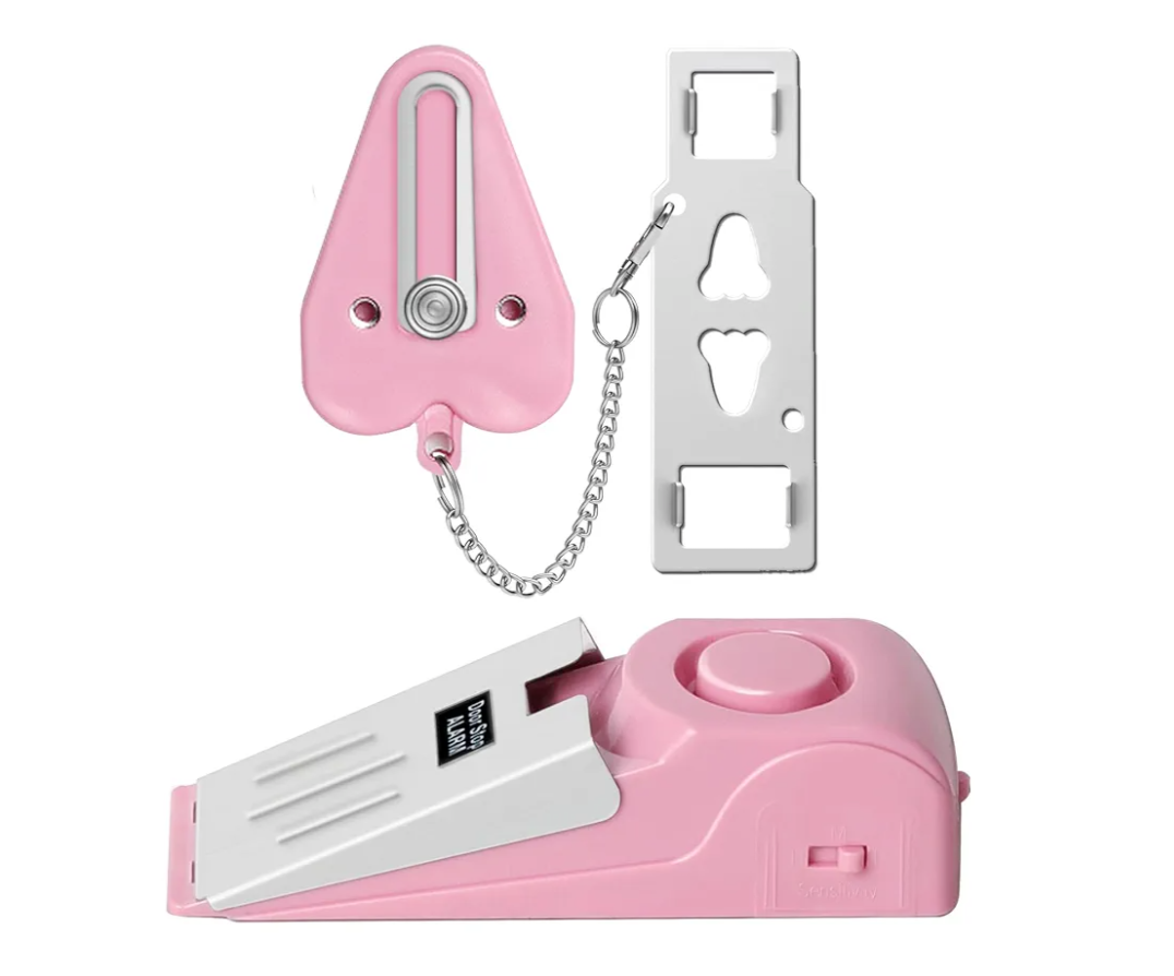 Portable Door Lock & Door Stop Alarm Set, Dual Protection Home Security Door Kit, Travel Hotel Door Lock Devices Pocket Self Defensey Tools for Traveling Hotel Home Apartment,Pink