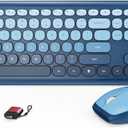 HotFox Wireless Keyboard and Mouse Combo, Full-Size Retro Typewriter Keyboard with Round Keycaps, Ergonomic Design for Windows PC, Home and Office Use -Blue