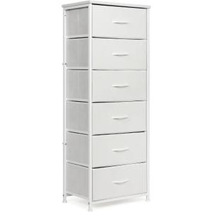 Mifuro Tall Dresser for Bedroom with 6 Drawers, Vertical Storage Organizer Tower, Chest of Drawers with Fabric Bins, Steel Frame, Wood Top for Bedroom, Closet, Entryway- White