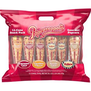 Popcornopolis Gourmet Popcorn Snacks, 12 Cone Variety Snack Packs (Gift Cone), Zebra Popcorn, Cheddar Cheese Popcorn, Caramel Popcorn & Kettle Corn Popcorn