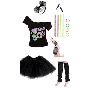 Women's 80's Costumes with Accessories Set Black Tutu Skirt Earrings Necklace Bracelets Fishnet Gloves Legwarmers Headband Large(8-10)