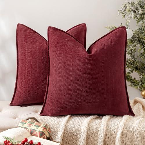 MIULEE Pack of 2 Burgundy Decorative Pillow Covers 20x20 Inch Soft Chenille Luxurious Couch Throw Pillows Farmhouse Cushion Covers with Elegant Design for Sofa Bedroom Living Room Decor