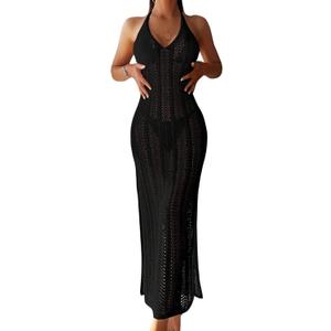 Verdusa Women's Halter Neck Tied Backless Crochet Knitted Bikini Cover Up Dress (Medium, Black)