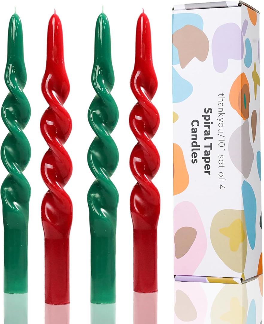 10 inch Christmas Taper Candles-Green and Red Spiral Candles-Unscented Candle Sticks and Dripless,Perfect as Dinner Candles-4pcs(Green,Red)