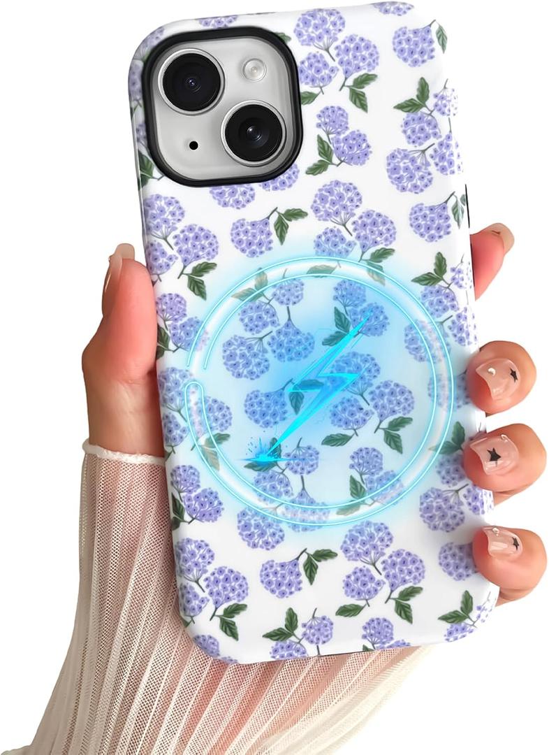 Skyseaco for iPhone 13/ iPhone 14 Case [Compatible with Magsafe] Cute Floral Print Hydrangea Phone Case, Dual Layer Hard Shell Protective Cover for Women Girls - Purple