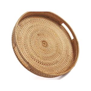Coffee Table Tray Round Rattan Ottoman Tray Woven Serving Trays with Handles for Home and Kitchen Decorative Natural (Large 14 inch x 2.4 inch)