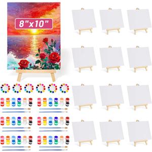 8x10 Inch Canvas and Easel Set, 12 Pcs Art Canvas Boards Bulk with Easel Stand, Mini Acrylic Paint & Brushes Set, Sip and Paint Kit for Adults Couples Date Night Painting Party Activities