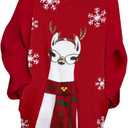 Pink Queen Ugly Christmas Sweater Dresses for Women Oversized Turtleneck Pullover Holiday Dress with Pocket (Red)