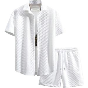 Wyeysyt Mens Summer Outfits 2 Piece Waffle Button Down Beach Vacation Shirt Top and Shorts Set, White, Large