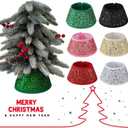 2 x 7.5 Inch Glittering Christmas Tree Collar, Sequin Rustic Mini Tree Skirt Base Cover for Small Tabletop Trees, Holiday Home Decor Gift, Green