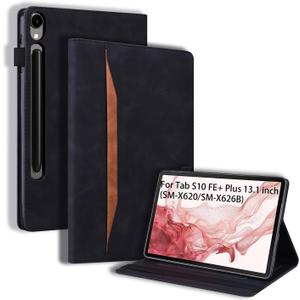 Flip Case for Samsung Galaxy Tab S10 FE+ Plus 2025 13.1 inch, PU Leather Stand Soft Back Smart Auto Wake/Sleep Cover,Adjustable Stand Shell w/Card Slots/Pen Holder/Front Pocket - Black